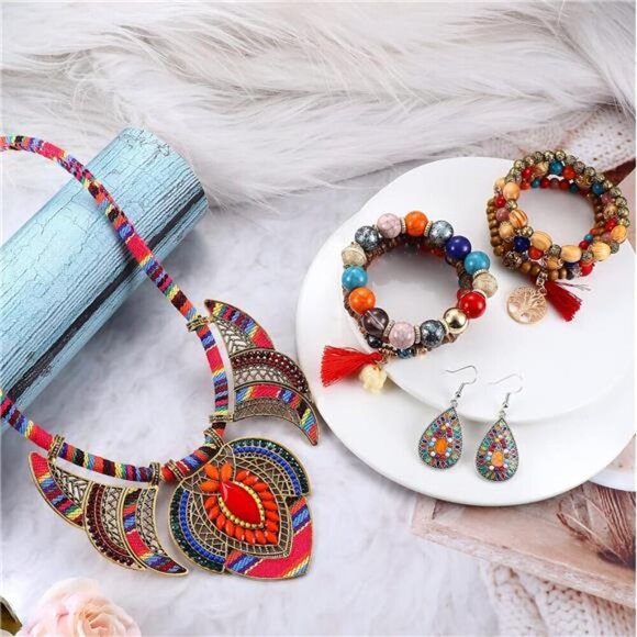 4 Pcs Bohemian Jewelry Set for Women Style Costume Necklace Colorful beads - Picture 4 of 5